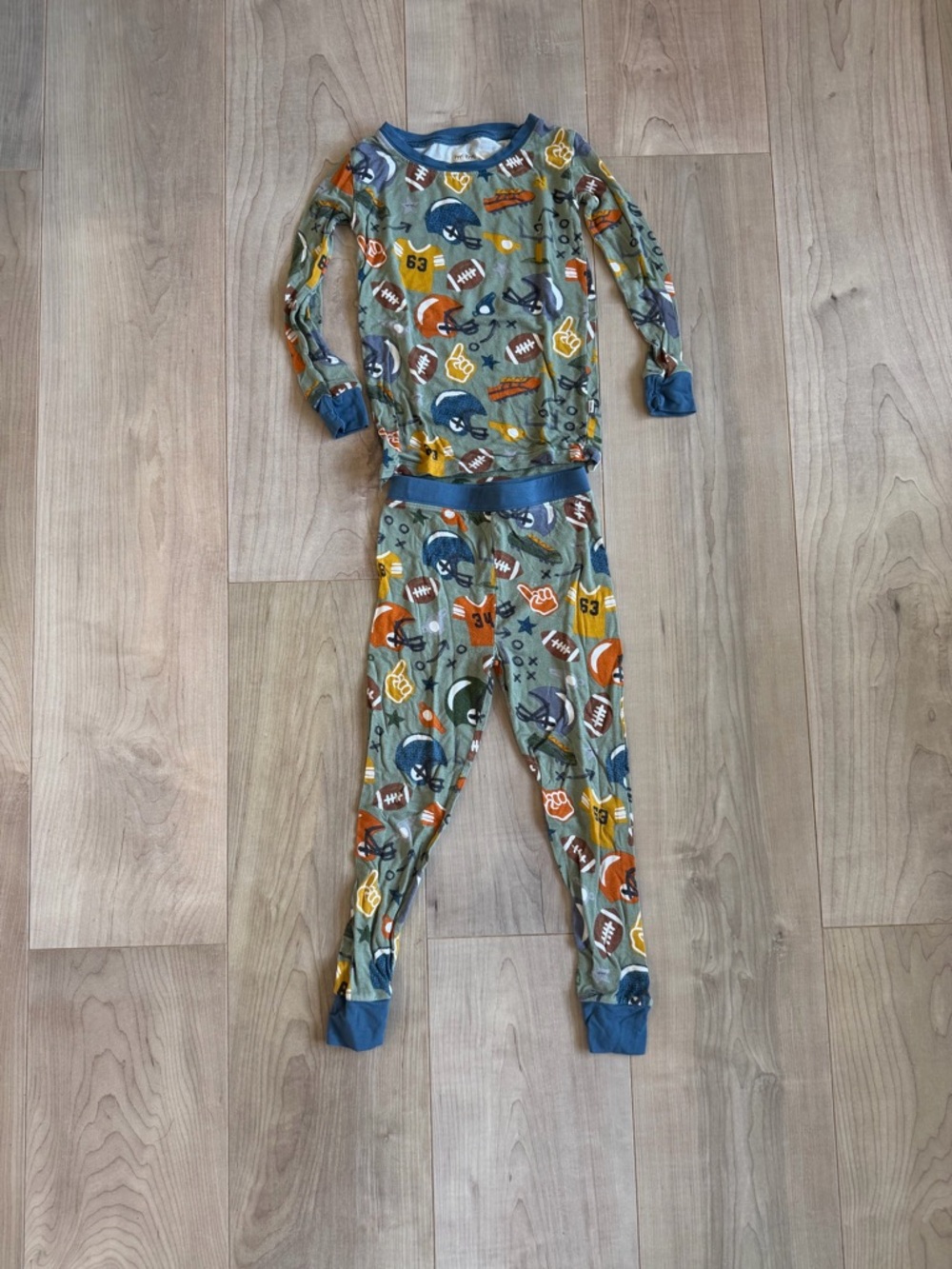 Little Sleepies Olive Green Football Print Pajama Set with Blue Trim